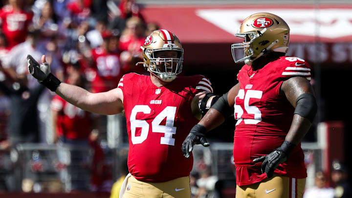 Sep 29, 2024; Santa Clara, California, USA; San Francisco 49ers center Jake Brendel (64) reacts to a penalty call during the second quarter against the New England Patriots at Levi's Stadium. Mandatory Credit: Sergio Estrada-Imagn Images
