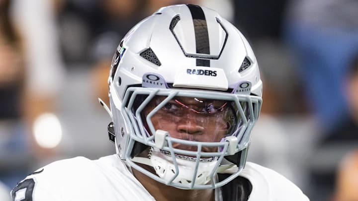 Aug 23, 2025; Glendale, Arizona, USA; Las Vegas Raiders defensive end Tyree Wilson (9) against the Arizona Cardinals during a preseason NFL game at State Farm Stadium. Mandatory Credit: Mark J. Rebilas-Imagn Images