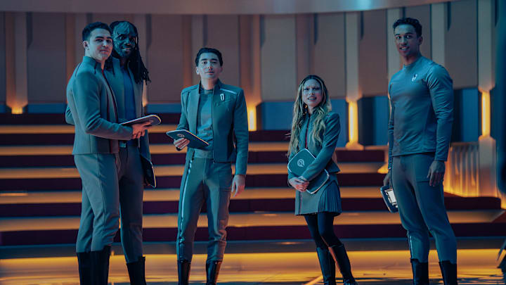 L-R: George Hawkins as Darem, Karim Diané as Jay-Den, Romeo Carere as Ocam, Bella Shepard as Genesis, and Sandro Rosta as Caleb in season 1, episode 8, of Star Trek: Starfleet Academy streaming on Paramount+. Photo Credit: John Medland/Paramount+