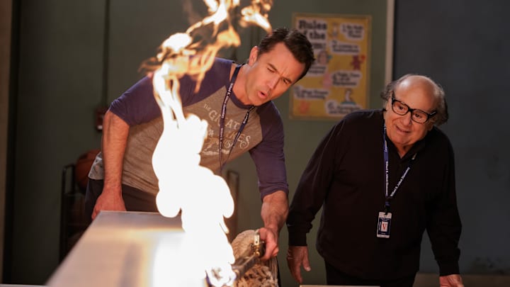 IT'S ALWAYS SUNNY IN PHILADELPHIA -- "The Gang F***s Up Abbott Elementary" -- Season 17, Episode 1 -- Pictured (L-R): Rob McElhenney as Mac, Danny DeVito as Frank. CR: Steve Swisher/FX