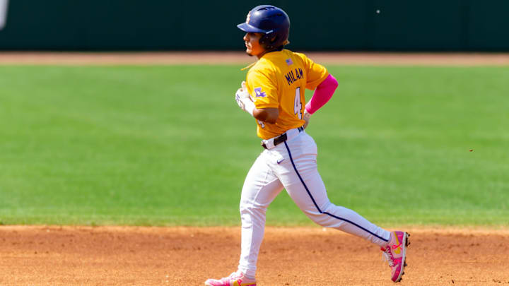 Tigers shortstop Steven Milam 4 homerun as the LSU Tigers take on the Arkansas Razorbacks. Sunday, May 11, 2025. Tigers shortstop Steven Milam 4 homerun as the LSU Tigers take on the Arkansas Razorbacks. Sunday, May 11, 2025.