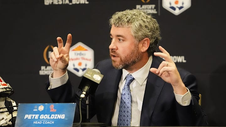 Head coach Pete Golding of Mississippi makes final pregame comments before their matchup with Miami at the Fiesta Bowl during a news conference at the JW Marriott Scottsdale Camelback Inn Resort on Jan. 7, 2026.