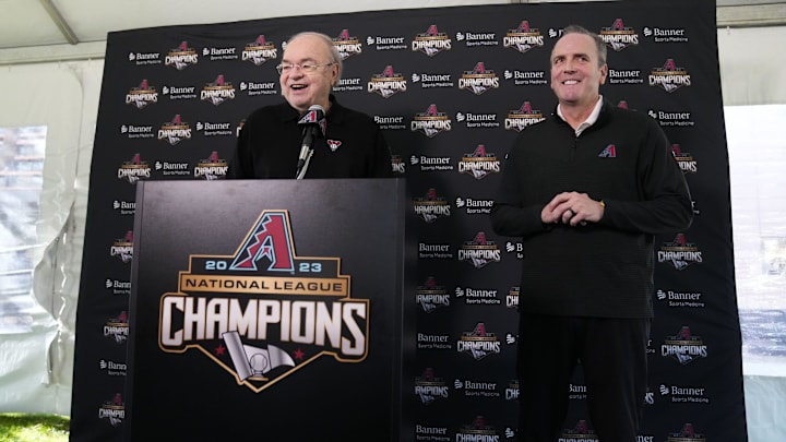 Arizona Diamondbacks managing general partner Ken Kendrick and President/CEO Derrick Hall (right) hold a news conference during spring training workouts at Salt River Fields at Talking Stick near Scottsdale on Feb. 19, 2024.