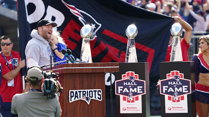 Sep 26, 2021; Foxborough, Massachusetts, USA; Former New England Patriots Julian Edelman is honored during halftime against the New Orleans Saints at Gillette Stadium. Mandatory Credit: David Butler II-Imagn Images