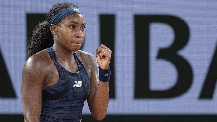 Coco Gauff of the United States reacts to a point during her match against Lois Boisson of France on day 12 at Roland Garros Stadium.