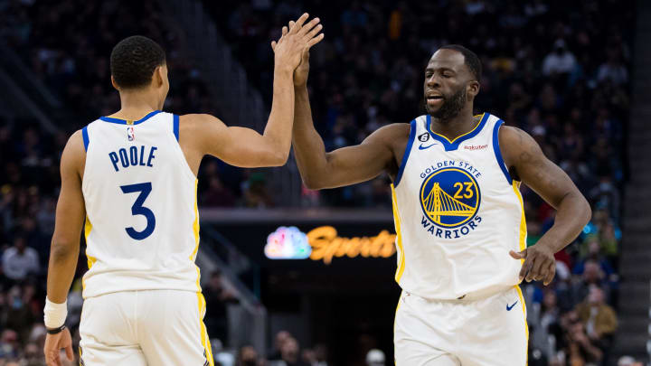 Jan 22, 2023; San Francisco, California, USA; Golden State Warriors guard Jordan Poole (3) and forward Draymond Green (23) celebrate after Poole drew a foul against the Brooklyn Nets during the first half at Chase Center. Mandatory Credit: John Hefti-USA TODAY Sports Jan 22, 2023; San Francisco, California, USA; Golden State Warriors guard Jordan Poole (3) and forward Draymond Green (23) celebrate after Poole drew a foul against the Brooklyn Nets during the first half at Chase Center. Mandatory Credit: John Hefti-USA TODAY Sports