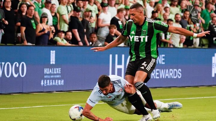 Oct 23, 2022; Austin, Texas, US; Austin FC defender Ruben Gabrielsen (4) falls on FC Dallas defender
