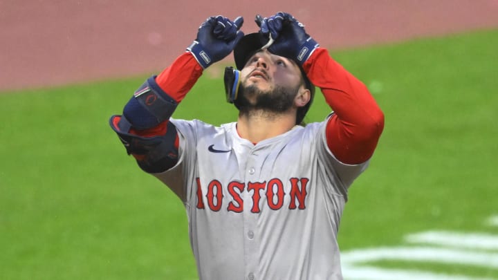 Apr 23, 2024; Cleveland, Ohio, USA; Boston Red Sox left fielder Wilyer Abreu (52) celebrates his Apr 23, 2024; Cleveland, Ohio, USA; Boston Red Sox left fielder Wilyer Abreu (52) celebrates his
