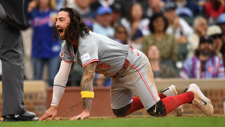 Sep 29, 2024; Chicago, Illinois, USA; Cincinnati Reds second baseman Jonathan India (6) celebrates after scoring during the tenth inning against the Chicago Cubs at Wrigley Field. Sep 29, 2024; Chicago, Illinois, USA; Cincinnati Reds second baseman Jonathan India (6) celebrates after scoring during the tenth inning against the Chicago Cubs at Wrigley Field.