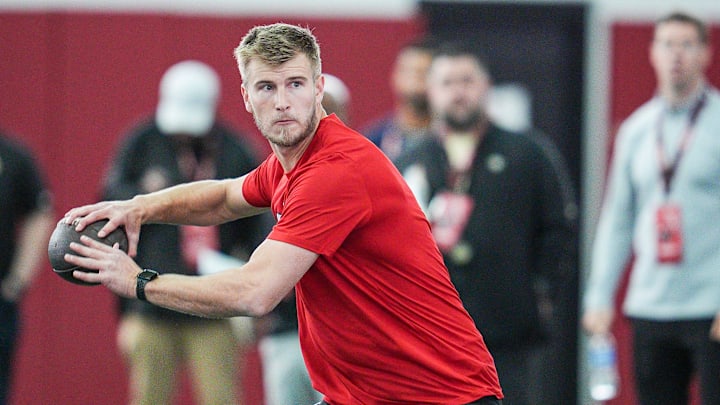 Louisville quarterback Tyler Shough during Pro Day at the UofL Football's Trager Indoor Practice Facility Tuesday, March 25, 2025. Louisville quarterback Tyler Shough during Pro Day at the UofL Football's Trager Indoor Practice Facility Tuesday, March 25, 2025.