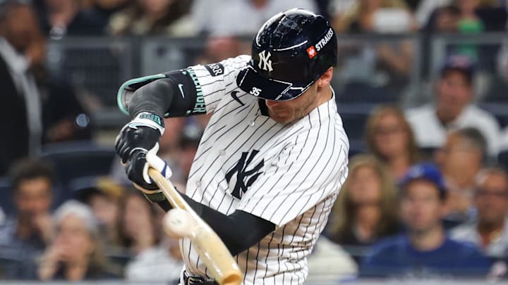 Oct 7, 2025; Bronx, New York, USA; New York Yankees outfielder Cody Bellinger (35) hits a single in the third inning against the Toronto Blue Jays during game three of the ALDS round for the 2025 MLB playoffs at Yankee Stadium. Mandatory Credit: Vincent Carchietta-Imagn Images Oct 7, 2025; Bronx, New York, USA; New York Yankees outfielder Cody Bellinger (35) hits a single in the third inning against the Toronto Blue Jays during game three of the ALDS round for the 2025 MLB playoffs at Yankee Stadium. Mandatory Credit: Vincent Carchietta-Imagn Images