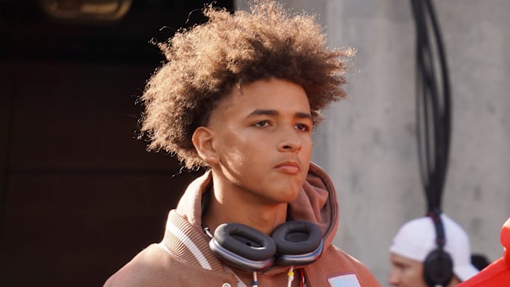 Recruits Dia Bell and Byron Louis watch Ohio State warm up before playing Penn State Oct. 21, 2023 at Ohio Stadium.