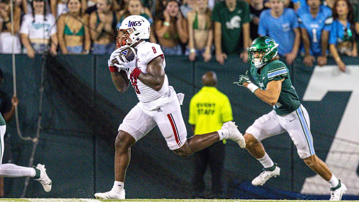 Sep 2, 2023; New Orleans, Louisiana, USA;  South Alabama Jaguars tight end DJ Thomas-Jones (8) catches a pass for a touchdown against the Tulane Green Wave during the first half at Yulman Stadium. Mandatory Credit: Stephen Lew-Imagn Images