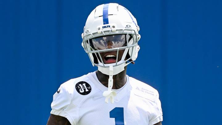 Indianapolis Colts cornerback Sauce Gardner (1) looks on during minicamp at Indiana Farm Bureau Football Center.