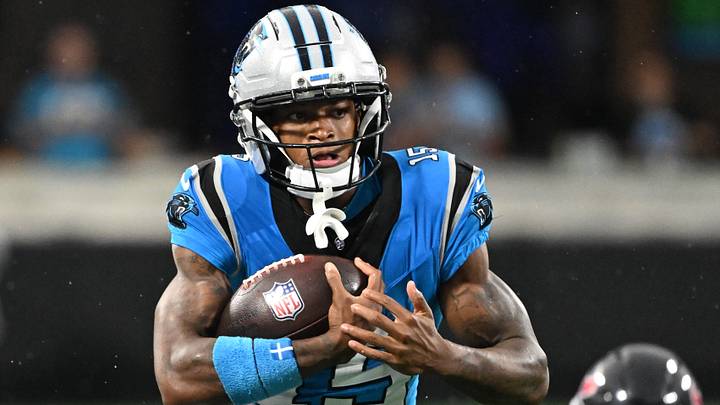 Aug 28, 2026; Charlotte, North Carolina, USA;  Carolina Panthers wide receiver Jimmy Horn Jr. (15) with the ball in the first quarter at Bank of America Stadium. Mandatory Credit: Bob Donnan-Imagn Images