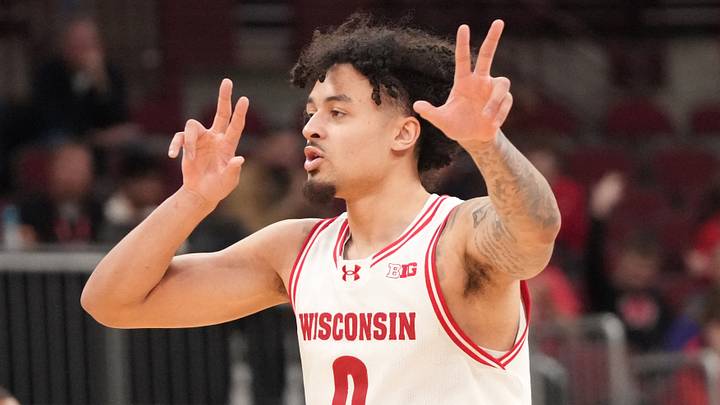 Mar 12, 2026; Chicago, IL, USA; Wisconsin Badgers guard Braeden Carrington (0) celebrates his three point basket against the Washington Huskies during the second half at United Center. Mandatory Credit: David Banks-Imagn Images