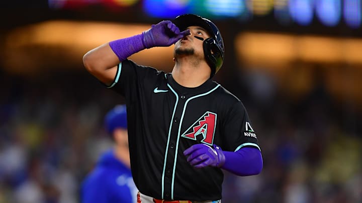 May 19, 2025; Los Angeles, California, USA; Arizona Diamondbacks catcher Gabriel Moreno (14) celebrates after hitting a two run home run in the third inning against the Los Angeles Dodgers at Dodger Stadium. Mandatory Credit: Gary A. Vasquez-Imagn Images May 19, 2025; Los Angeles, California, USA; Arizona Diamondbacks catcher Gabriel Moreno (14) celebrates after hitting a two run home run in the third inning against the Los Angeles Dodgers at Dodger Stadium. Mandatory Credit: Gary A. Vasquez-Imagn Images