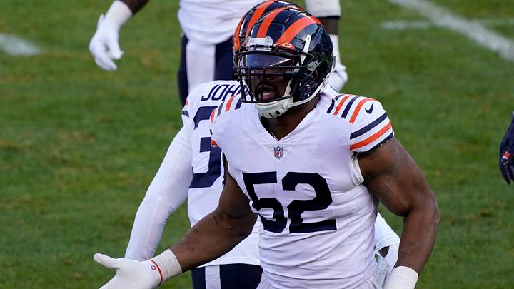 Dec 13, 2020; Chicago, Illinois, USA; Chicago Bears outside linebacker Khalil Mack (52) reacts after making a sack on Houston Texans quarterback Deshaun Watson (not pictured) for a safety during the second quarter at Soldier Field. Mandatory Credit: Mike Dinovo-USA TODAY Sports Dec 13, 2020; Chicago, Illinois, USA; Chicago Bears outside linebacker Khalil Mack (52) reacts after making a sack on Houston Texans quarterback Deshaun Watson (not pictured) for a safety during the second quarter at Soldier Field. Mandatory Credit: Mike Dinovo-USA TODAY Sports