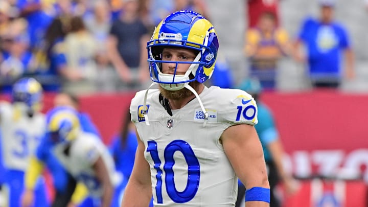Sep 15, 2024; Glendale, Arizona, USA;  Los Angeles Rams wide receiver Cooper Kupp (10) prior to a game against the Arizona Cardinals at State Farm Stadium. Mandatory Credit: Matt Kartozian-Imagn Images