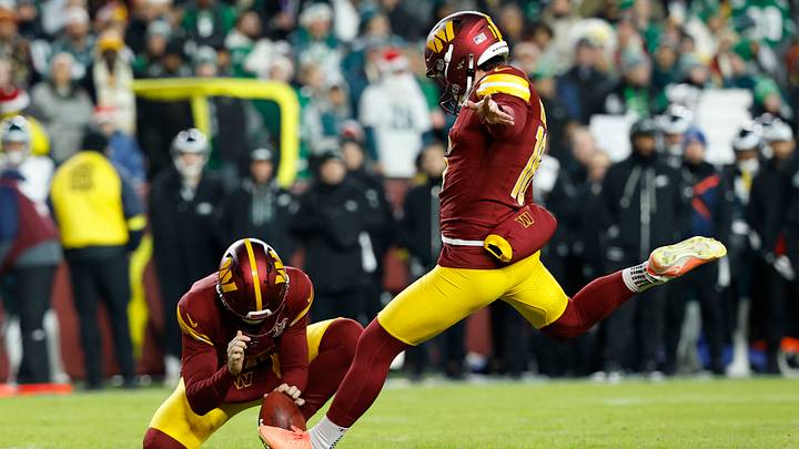 Dec 20, 2025; Landover, Maryland, USA; Washington Commanders place kicker Jake Moody (16) kicks a field goal against the Philadelphia Eagles in the first half at Northwest Stadium. Mandatory Credit: Geoff Burke-Imagn Images