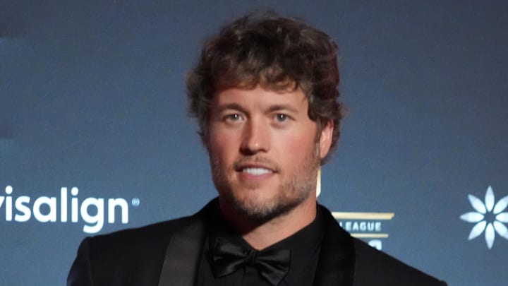 Feb 5, 2026; San Francisco, CA, USA; Los Angeles Rams quarterback Matthew Stafford posts with the NFL Honors most valuable player trophy at Palace of Fine Arts. Mandatory Credit: Kirby Lee-Imagn Images