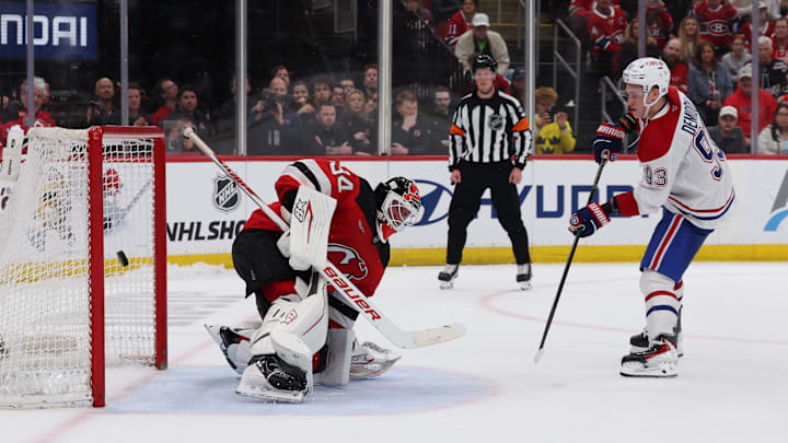Apr 4, 2026; Newark, New Jersey, USA; Montréal Canadiens right wing Ivan Demidov (93) scores in the penalty shootout against the New Jersey Devils during overtime at Prudential Center. Mandatory Credit: Thomas Salus-Imagn Images