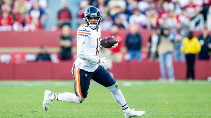 Dec 8, 2024; Santa Clara, California, USA; Chicago Bears wide receiver Keenan Allen (13) runs after catching a pass during the fourth quarter against the San Francisco 49ers at Levi's Stadium. Mandatory Credit: Bob Kupbens-Imagn Images