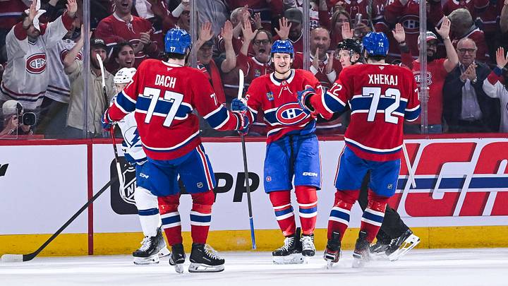 Apr 26, 2026; Montreal, Quebec, CAN; Montreal Canadiens right wing Zachary Bolduc (76) celebrates his goal against the Tampa Bay Lightning with his teammates during the second period in game four of the first round of the 2026 Stanley Cup Playoffs at Bell Centre. Mandatory Credit: David Kirouac-Imagn Images