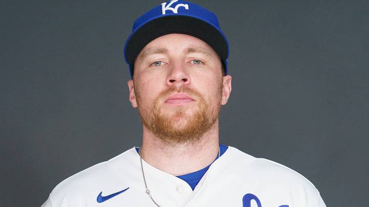 Feb 19, 2026; Surprise, AZ, USA; Kansas City Royals infielder Brandon Drury (24) poses for a photo for MLB media day at Surprise Stadium. Mandatory Credit: Allan Henry-Imagn Images