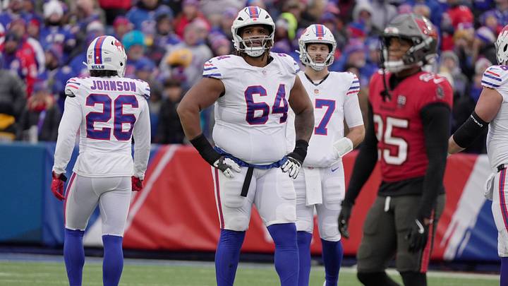 Buffalo Bills guard O'Cyrus Torrence gets ready to line up for the next play during second half action against the Tampa Bay Buccaneers on Nov 16, 2025 at Highmark Stadium in Orchard Park. Buffalo Bills guard O'Cyrus Torrence gets ready to line up for the next play during second half action against the Tampa Bay Buccaneers on Nov 16, 2025 at Highmark Stadium in Orchard Park.