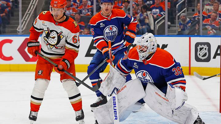 Apr 28, 2026; Edmonton, Alberta, CAN; Anaheim Ducks forward Mikael Granlund (64) looks for a loose puck in front of Edmonton Oilers goaltender Connor Ingram (39) during the second period in game five of the first round of the 2026 Stanley Cup Playoffs at Rogers Place. Mandatory Credit: Perry Nelson-Imagn Images Apr 28, 2026; Edmonton, Alberta, CAN; Anaheim Ducks forward Mikael Granlund (64) looks for a loose puck in front of Edmonton Oilers goaltender Connor Ingram (39) during the second period in game five of the first round of the 2026 Stanley Cup Playoffs at Rogers Place. Mandatory Credit: Perry Nelson-Imagn Images