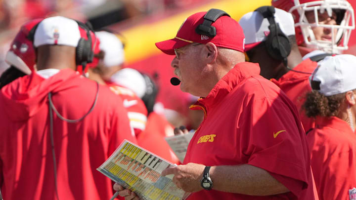 Aug 17, 2024; Kansas City, Missouri, USA; Kansas City Chiefs head coach Andy Reid watches play against the Detroit Lions during the first half at GEHA Field at Arrowhead Stadium. Mandatory Credit: Denny Medley-USA TODAY Sports