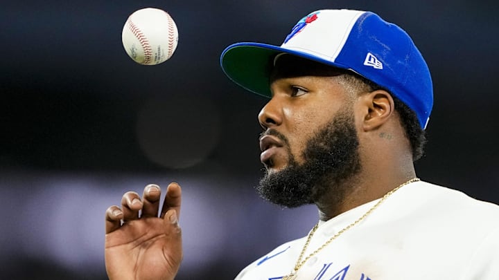 Mar 28, 2026; Toronto, Ontario, CAN;  Toronto Blue Jays first baseman Vladimir Guerrero Jr. (27) looks on against the Athletics during the eighth inning at Rogers Centre. Mandatory Credit: Kevin Sousa-Imagn Images