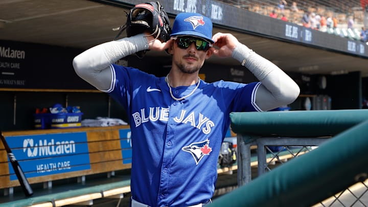 May 26, 2024; Detroit, Michigan, USA; Toronto Blue Jays second baseman Cavan Biggio (8) takes the field prior to the game against the Detroit Tigers at Comerica Park. Mandatory Credit: Brian Bradshaw Sevald-USA TODAY Sports