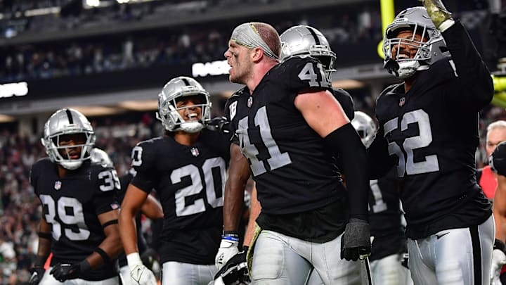 Nov 12, 2023; Paradise, Nevada, USA; Las Vegas Raiders linebacker Robert Spillane (41) reacts after