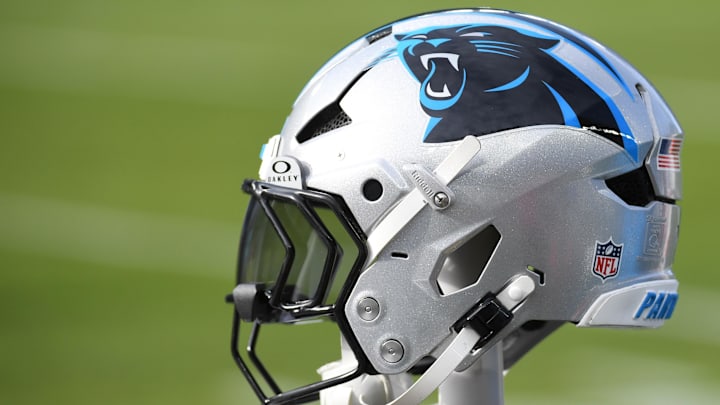 Dec 8, 2024; Philadelphia, Pennsylvania, USA; Carolina Panthers helmet rests on the bench against the Philadelphia Eagles at Lincoln Financial Field. Mandatory Credit: Eric Hartline-Imagn Images