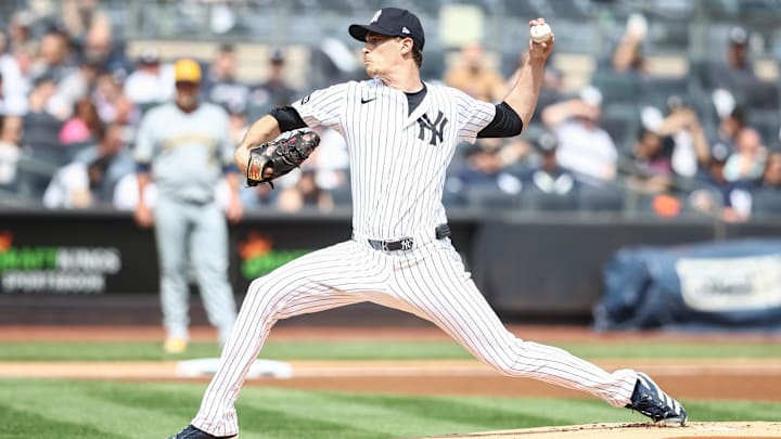Mar 29, 2025; Bronx, New York, USA; New York Yankees starting pitcher Max Fried (54) pitches in the first inning against the Milwaukee Brewers at Yankee Stadium.