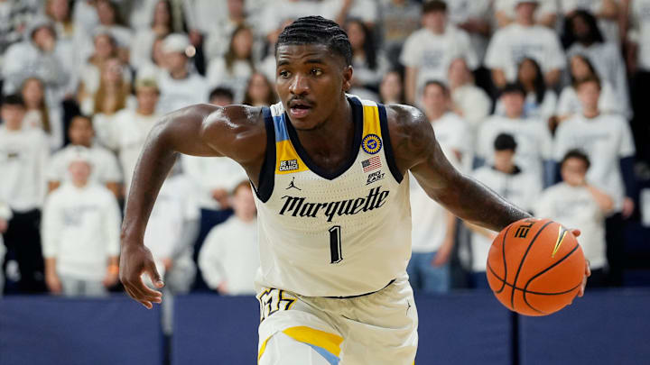 Marquette Golden Eagles guard Kam Jones (1) drives up the court during the first half of the game against George Mason on Friday, Nov. 8, 2024, at the Al McGuire Center in Milwaukee, Wisconsin. Marquette Golden Eagles guard Kam Jones (1) drives up the court during the first half of the game against George Mason on Friday, Nov. 8, 2024, at the Al McGuire Center in Milwaukee, Wisconsin.