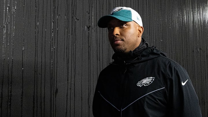 Dec 3, 2023; Philadelphia, Pennsylvania, USA; Philadelphia Eagles offensive coordinator Brian Johnson