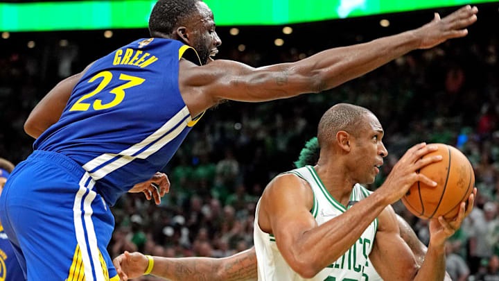 Jun 16, 2022; Boston, Massachusetts, USA; Boston Celtics center Al Horford (42) drives to the basket against Golden State Warriors forward Draymond Green (23) during the fourth quarter in game six of the 2022 NBA Finals at TD Garden. Mandatory Credit: Kyle Terada-Imagn Images