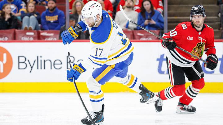 Buffalo Sabres left wing Jason Zucker (17) shoots the puck against the Chicago Blackhawks during the second period at United Center. Mandatory Credit: Kamil Krzaczynski-Imagn Images Buffalo Sabres left wing Jason Zucker (17) shoots the puck against the Chicago Blackhawks during the second period at United Center. Mandatory Credit: Kamil Krzaczynski-Imagn Images
