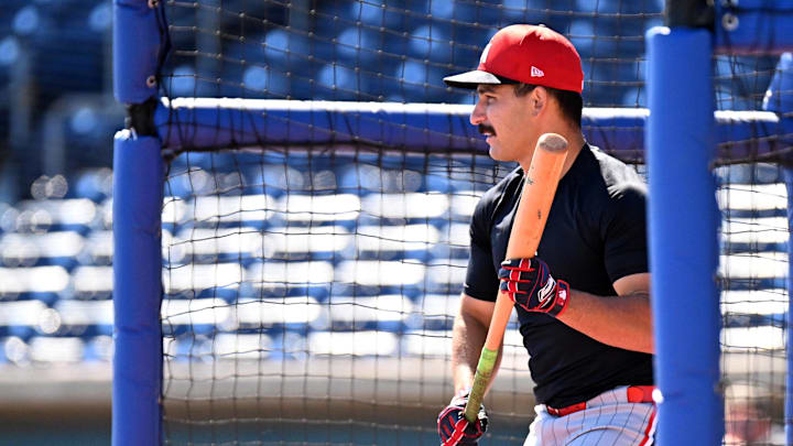 Mar 21, 2025; Clearwater, Florida, USA; Minnesota Twins second baseman Mickey Gasper (11) hits in the batting cage before the start of the game  against the Philadelphia Phillies during spring training  at BayCare Ballpark.