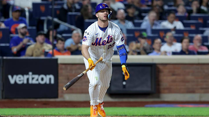 Sep 17, 2024; New York City, New York, USA; New York Mets first baseman Pete Alonso (20) watches his two run single against the Washington Nationals during the third inning at Citi Field. Mandatory Credit: Brad Penner-Imagn Images