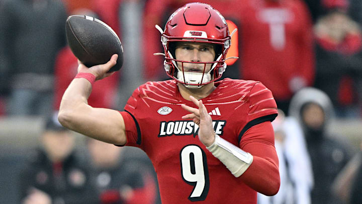 Nov 23, 2024; Louisville, Kentucky, USA;  Louisville Cardinals quarterback Tyler Shough (9) throws against the Pittsburgh Panthers during the first quarter at L&N Federal Credit Union Stadium. Mandatory Credit: Jamie Rhodes-Imagn Images
