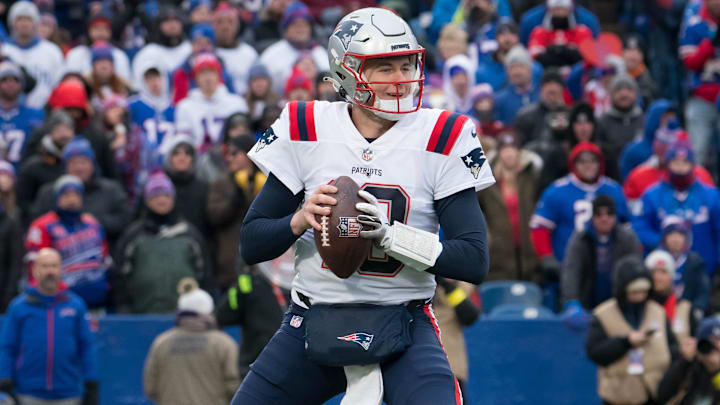 Jan 8, 2023; Orchard Park, New York, USA; New England Patriots quarterback Mac Jones (10) in the