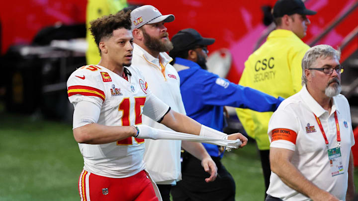 Feb 9, 2025; New Orleans, LA, USA; Kansas City Chiefs quarterback Patrick Mahomes (15) walks off the field after losing against the Philadelphia Eagles in Super Bowl LIX at Caesars Superdome. Mandatory Credit: Bill Streicher-Imagn Images