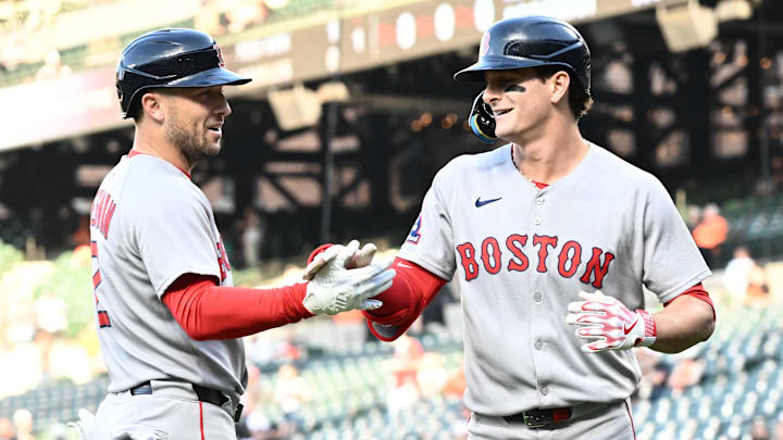 Aug 27, 2025; Baltimore, Maryland, USA;  Boston Red Sox outfielder Roman Anthony (19) celebrates hitting a solo home run during the first inning with third baseman Alex Bregman (2) against the Baltimore Orioles at Oriole Park at Camden Yards. Mandatory Credit: James A. Pittman-Imagn Images