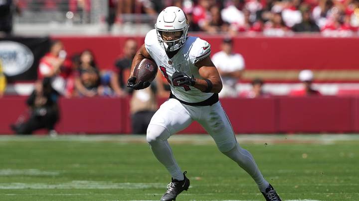 Sep 27, 2026; Santa Clara, California, USA; Arizona Cardinals wide receiver Michael Wilson (14) runs after a catch against the San Francisco 49ers during the second quarter at Levi's Stadium. Mandatory Credit: Darren Yamashita-Imagn Images Sep 27, 2026; Santa Clara, California, USA; Arizona Cardinals wide receiver Michael Wilson (14) runs after a catch against the San Francisco 49ers during the second quarter at Levi's Stadium. Mandatory Credit: Darren Yamashita-Imagn Images