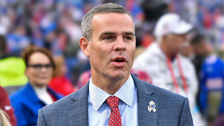 Nov 17, 2024; Orchard Park, New York, USA; Buffalo Bills general manager Brandon Beane on the field before a game against the Kansas City Chiefs at Highmark Stadium. Mandatory Credit: Mark Konezny-Imagn Images