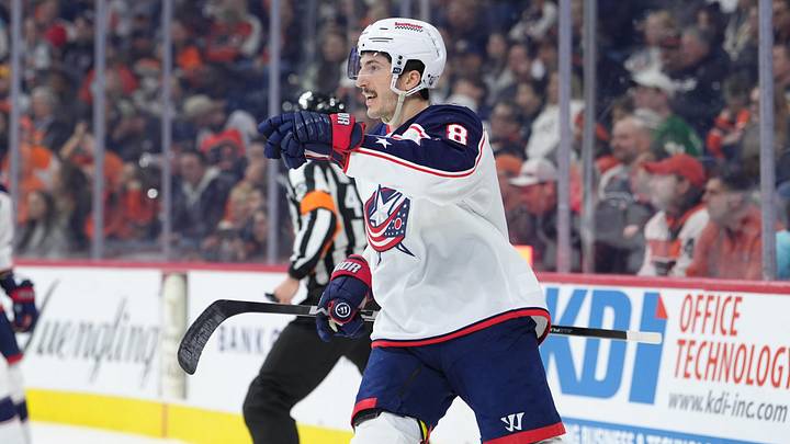 Mar 24, 2026; Philadelphia, Pennsylvania, USA; Columbus Blue Jackets defenseman Zach Werenski (8) reacts after scoring a goal against the Philadelphia Flyers in the second period at Xfinity Mobile Arena. Mandatory Credit: Kyle Ross-Imagn Images Mar 24, 2026; Philadelphia, Pennsylvania, USA; Columbus Blue Jackets defenseman Zach Werenski (8) reacts after scoring a goal against the Philadelphia Flyers in the second period at Xfinity Mobile Arena. Mandatory Credit: Kyle Ross-Imagn Images
